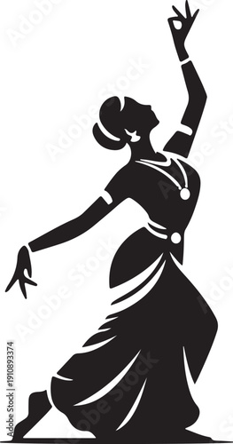 Traditional Indian Classical Dancer Silhouette Elegant Bharatnatyam Mudra Pose Vector Illustration
