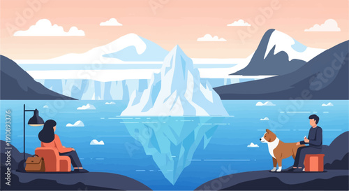 People and dog at icy ocean landscape with iceberg