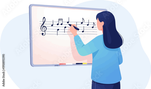 Person writing musical notes on a whiteboard with a treble clef