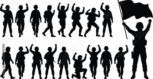 Army Soldier Silhouette Collection with Raised Fists and Flag, Military Victory and Patriotism Black Vector Illustration Set
