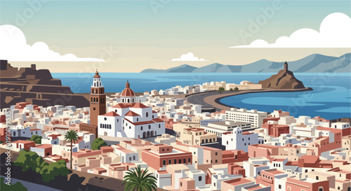 Pixelated coastal town with a large church and a winding road along the sea