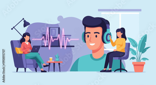 People wearing headphones, working on laptops, and listening to music at home