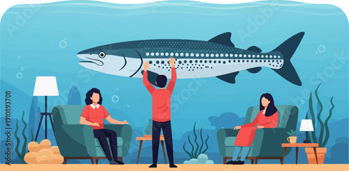 People in an aquarium-like living room interact with a large fish
