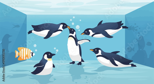Penguins and fish in a blue aquatic enclosure with bubble details