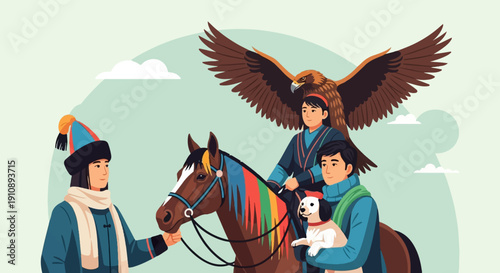 People with horse, dog, and eagle in traditional attire
