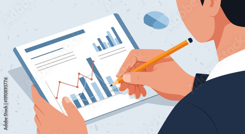 Person reviewing financial data on a tablet, with a pencil