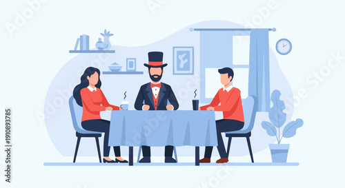 People in formal attire gathered around a table with drinks