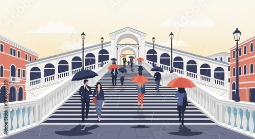 People with umbrellas ascend a grand bridge under a pale sky
