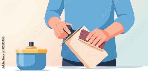 Person sanding a wooden plank with a sander tool