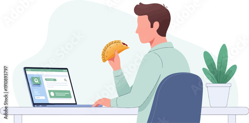 Person eating a pastry while working on a laptop computer
