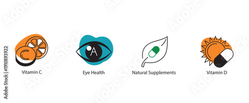 Modern Colorful Health Icons. Vector Symbols with Color Spots for Vitamins C, D, and Eye Health.