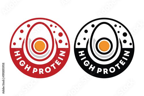 Clean high protein badge with egg illustration. Perfect for breakfast products, organic farms, diet food packaging and nutrition branding.