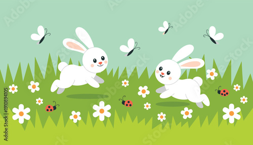 Two cute white rabbit vector illustrations jumping through a green grass field with daisies butterflies and ladybugs isolated.