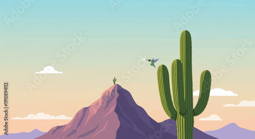 Pixelated desert landscape with a hummingbird and cacti