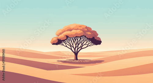 Pixelated desert landscape with a solitary tree under a gradient sky