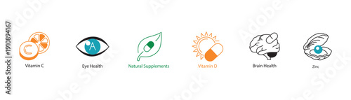 Brain and Vision Health Icons. Colorful Vector Symbols for Zinc, Vitamin C, and Natural Care.