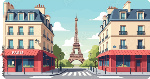 Pixelated Paris street scene featuring Eiffel Tower, charming buildings, and cafes