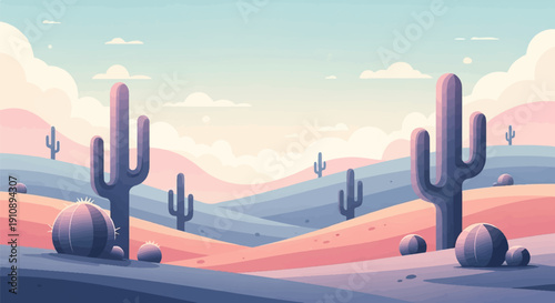 Pixelated desert landscape with saguaro and barrel cacti under soft clouds