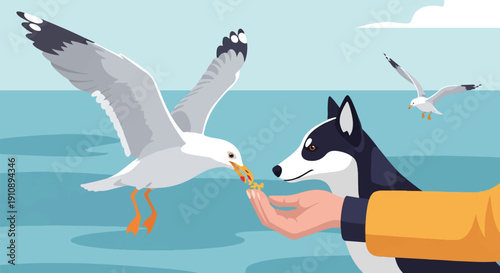 Person feeding a seagull with small food bits from their hand, while a dog watches