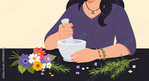 Person grinding herbs and flowers with a mortar and pestle