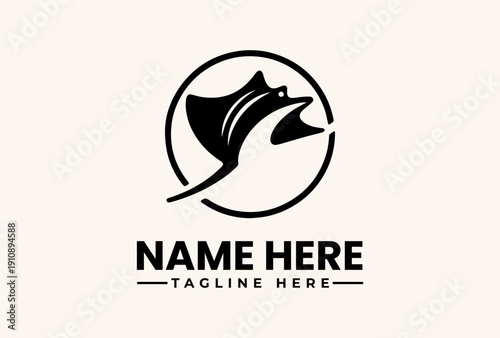 A black and white illustration of a stylized stingray logo within a circle on a beige background with space for a name and tagline.