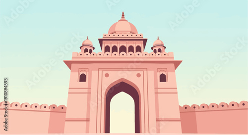 Pixelated pink fortress gate with dome under a pale blue sky