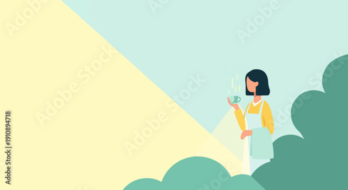 Person holding cup with steam, soft background colors, nature elements