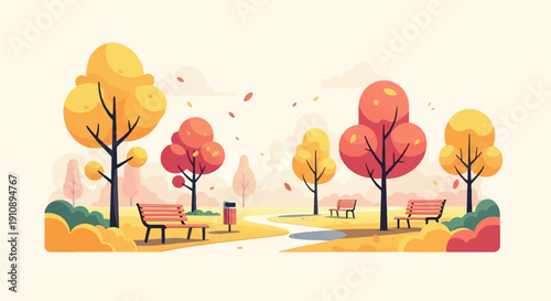 Peaceful autumn park scene with colorful trees, benches, and falling leaves