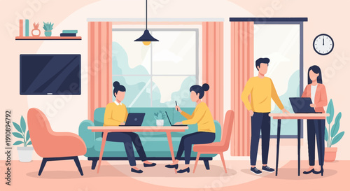 People working and collaborating indoors in a modern, well-lit space