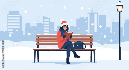 Person reading a book on a park bench in a snowy city