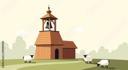 Pastoral scene with a wooden bell tower and three sheep in a grassy field