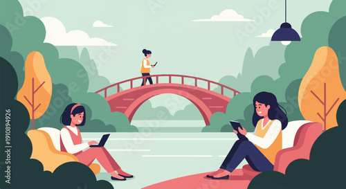 People on laptops and tablet in park with bridge and trees