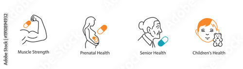 Family Health and Strength Icons. Vector Symbols for Pregnancy, Seniors, Kids, and Fitness.