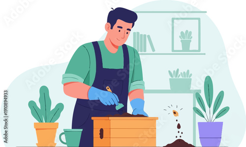 Person planting seeds in wooden box with plants around