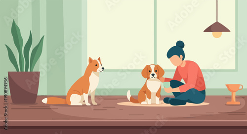 Person petting a dog indoors with another dog nearby, lamp, plant