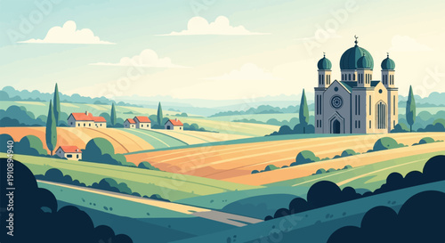 Pastoral landscape with a domed building and scattered houses