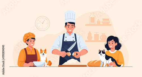 People, pets, and a chef prepare food in a kitchen