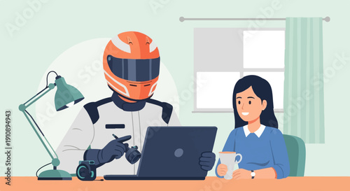 Person in racing helmet at desk with laptop, woman with coffee by window