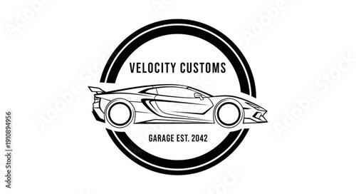 Velocity Customs Garage Emblem with Sports Car Silhouette.