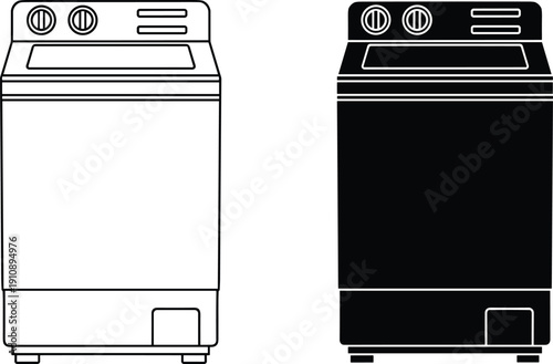 Top Load Washing Machine Line and Solid Silhouette Icons Isolated on White Background Home Appliance Vector Illustration