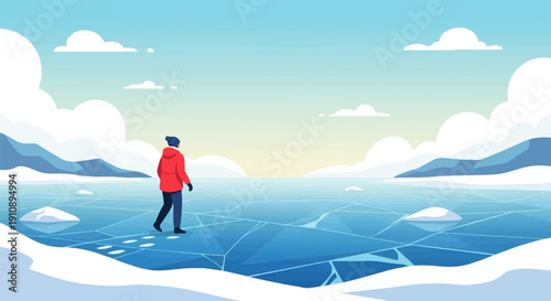 Person in red coat walks on cracked ice, winter landscape with mountains