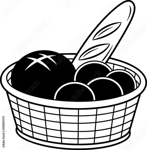Basket of fresh baked bread, a baguette and rolls for bakery, food or meal concept. Black and white outline vector icon illustration