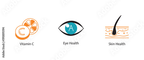 Vision and Beauty Health Icons. Vector Line Symbols for Vitamin C, Eye Care, and Skin.