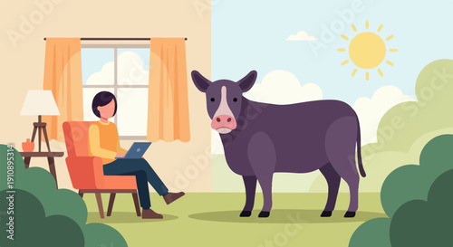Person indoors on laptop with cow outside under sun and clouds