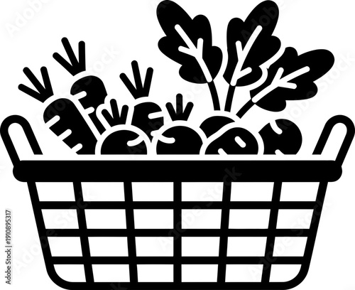 Basket full of fresh organic root vegetables like radish, carrot, and beetroot. Farming, harvest, and healthy food concept vector icon