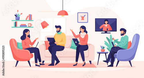 People working and relaxing in a modern living room with laptops and a TV