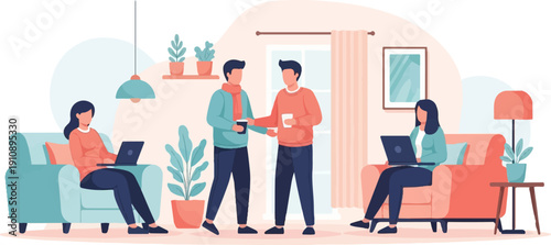 People working and relaxing in a modern living room with plants