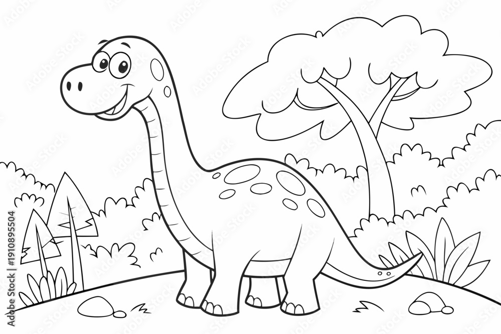 Naklejka premium kids coloring page, dinosaurs brontosaurus, cartoonish, friendly, thick outlines, no color
