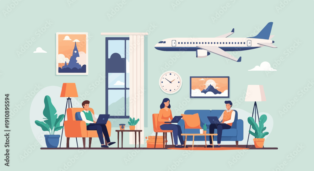 Naklejka premium People working on laptops in a modern living room with airplane outside