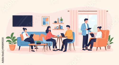 People working on laptops in a cozy, modern living room setting